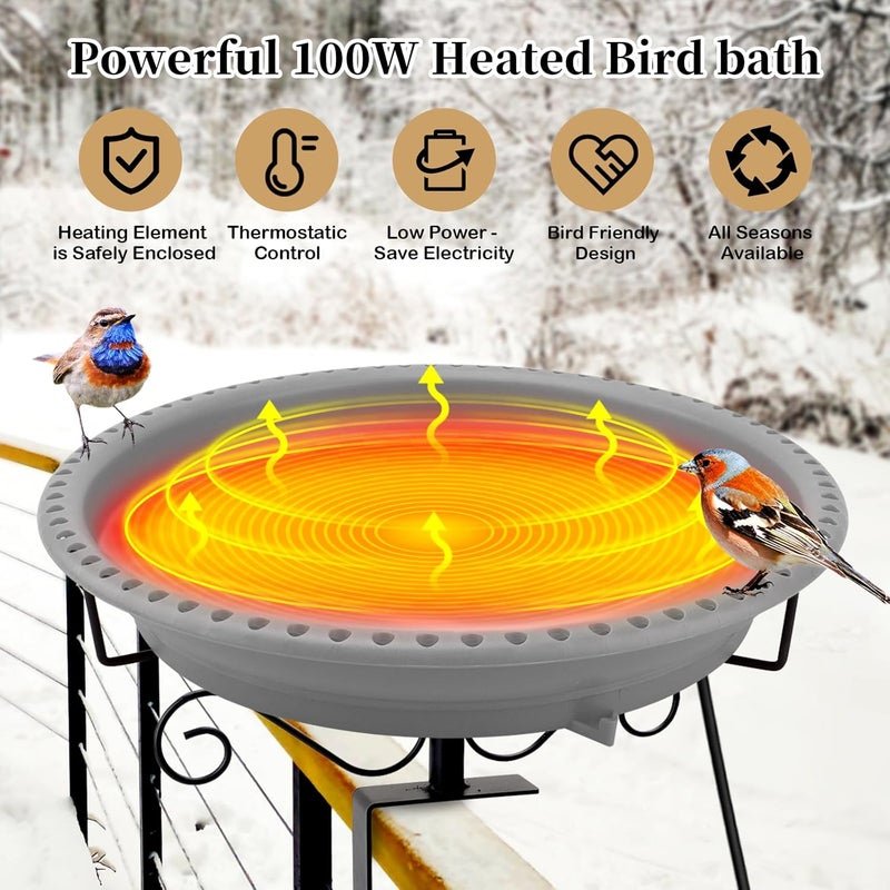 Lovppy Heated Bird Bath for Deck Railing, 100W Thermostatically Controlled Heated Bird Baths for Outdoors Bird Bath Heater, Heated Bird Bath for Outside Winter Garden Patio Yard(Gray) - Image 2
